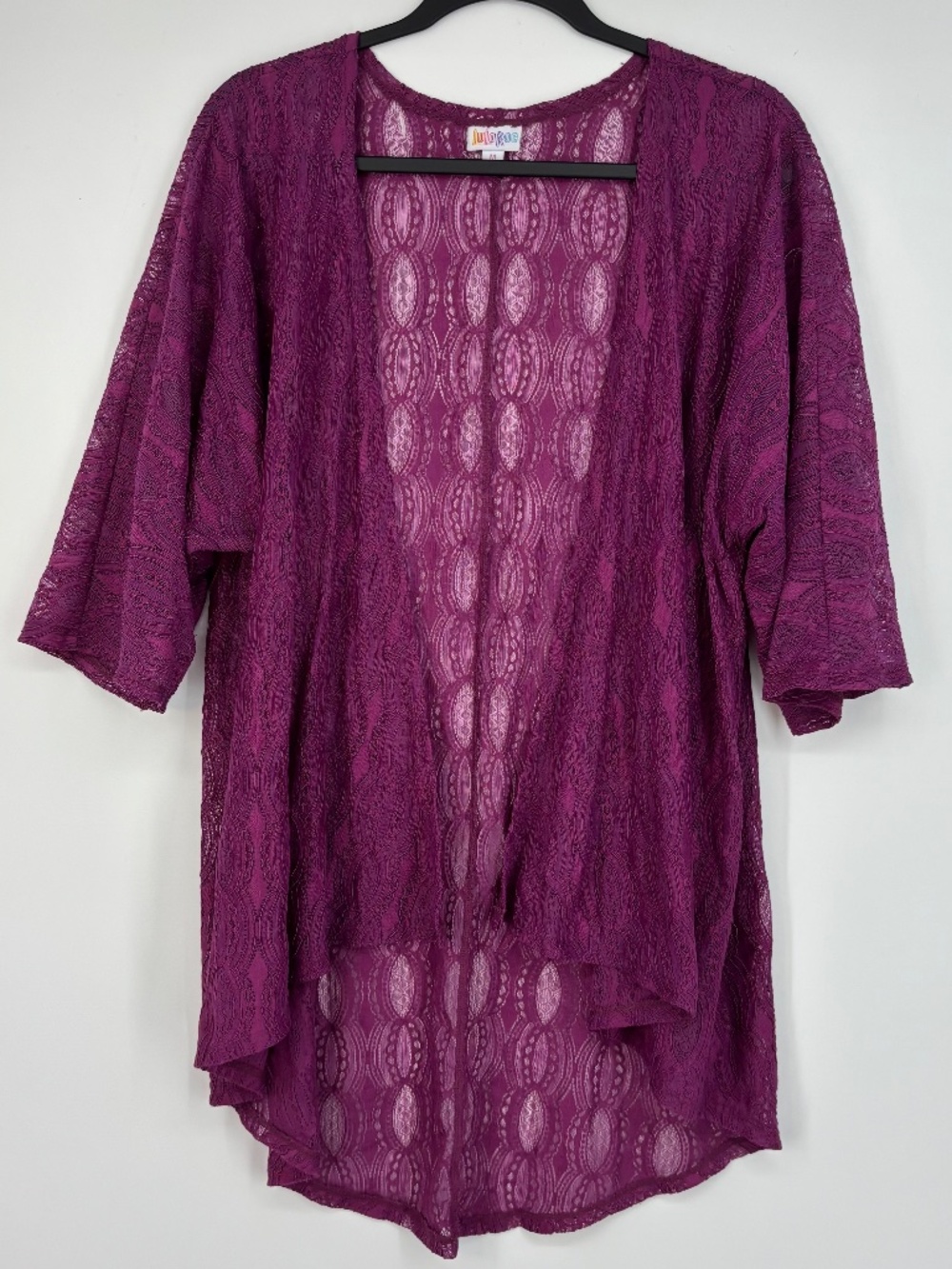 LuLaRoe Womens Medium Open Front Kimono Cardigan Magenta Purple Lace High Low